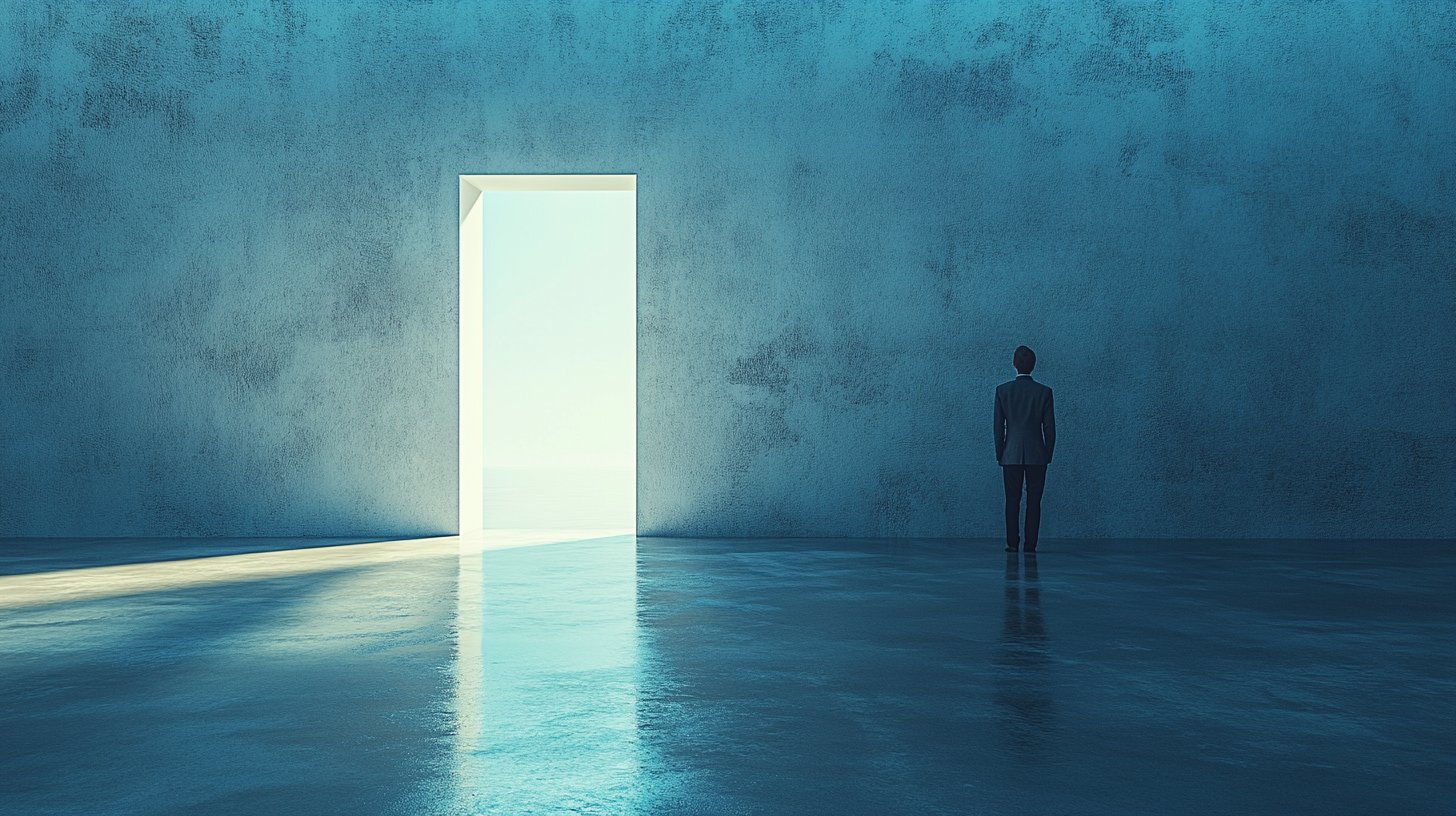 Eine helle, offene Tür mit einer zögernden Schattenfigur verkörpert den Kampf gegen Arroganz.