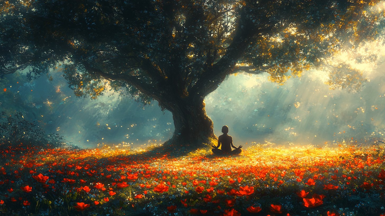 Eine bescheidene Figur, die unter einem Baum meditiert, strahlt Frieden und Demut aus.