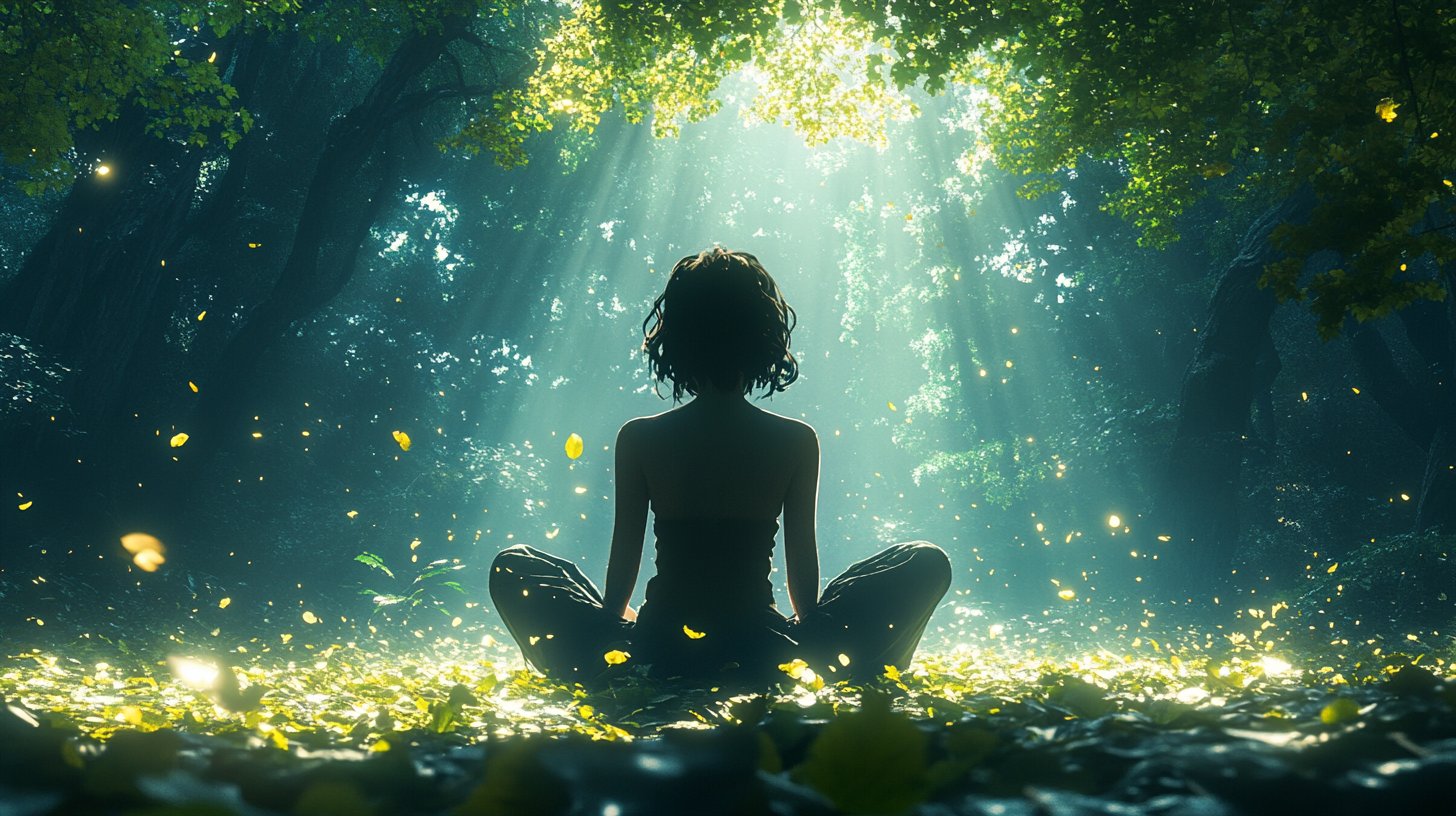 Une personne est assise paisiblement dans une forêt tranquille, embrassant la nature.