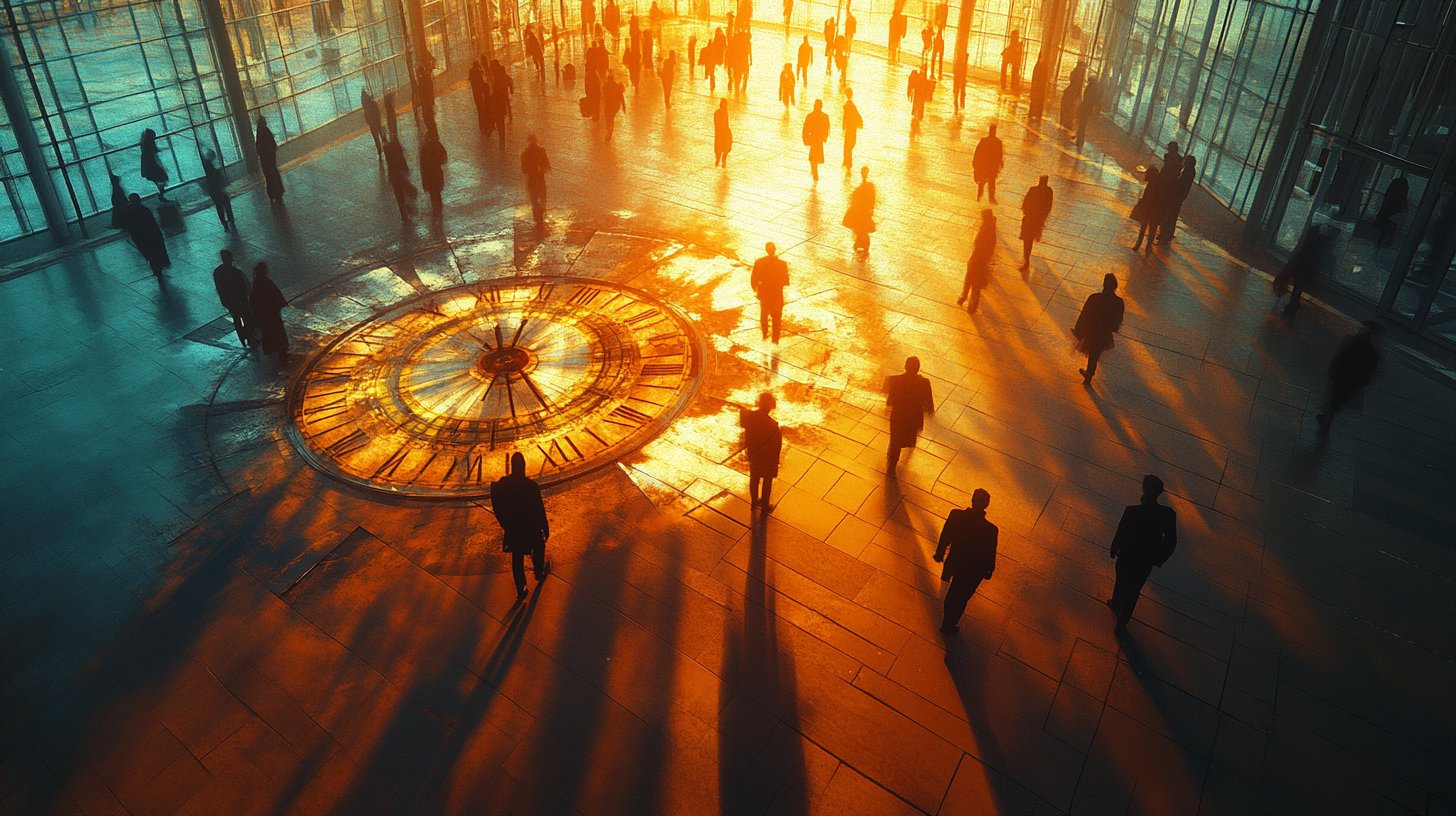 Des horloges fragmentées et des horaires éparpillés illustrent le chaos de la vie quotidienne.