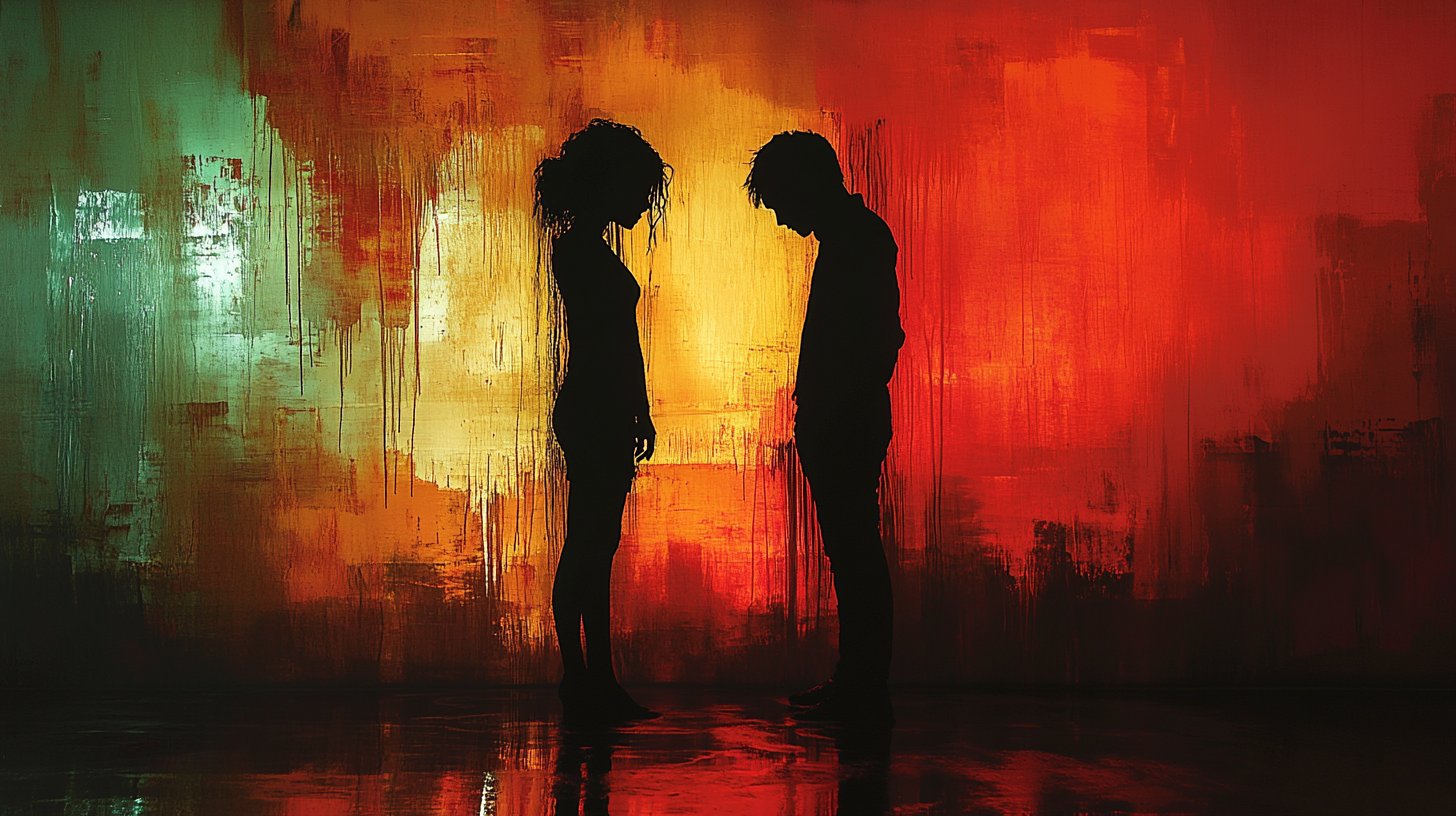 Silhouette de deux personnes en distance émotionnelle dans une pièce faiblement éclairée.