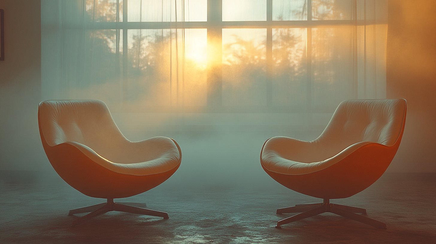 Deux chaises dos à dos dans un espace vide, symbolisant l'absence de proximité.