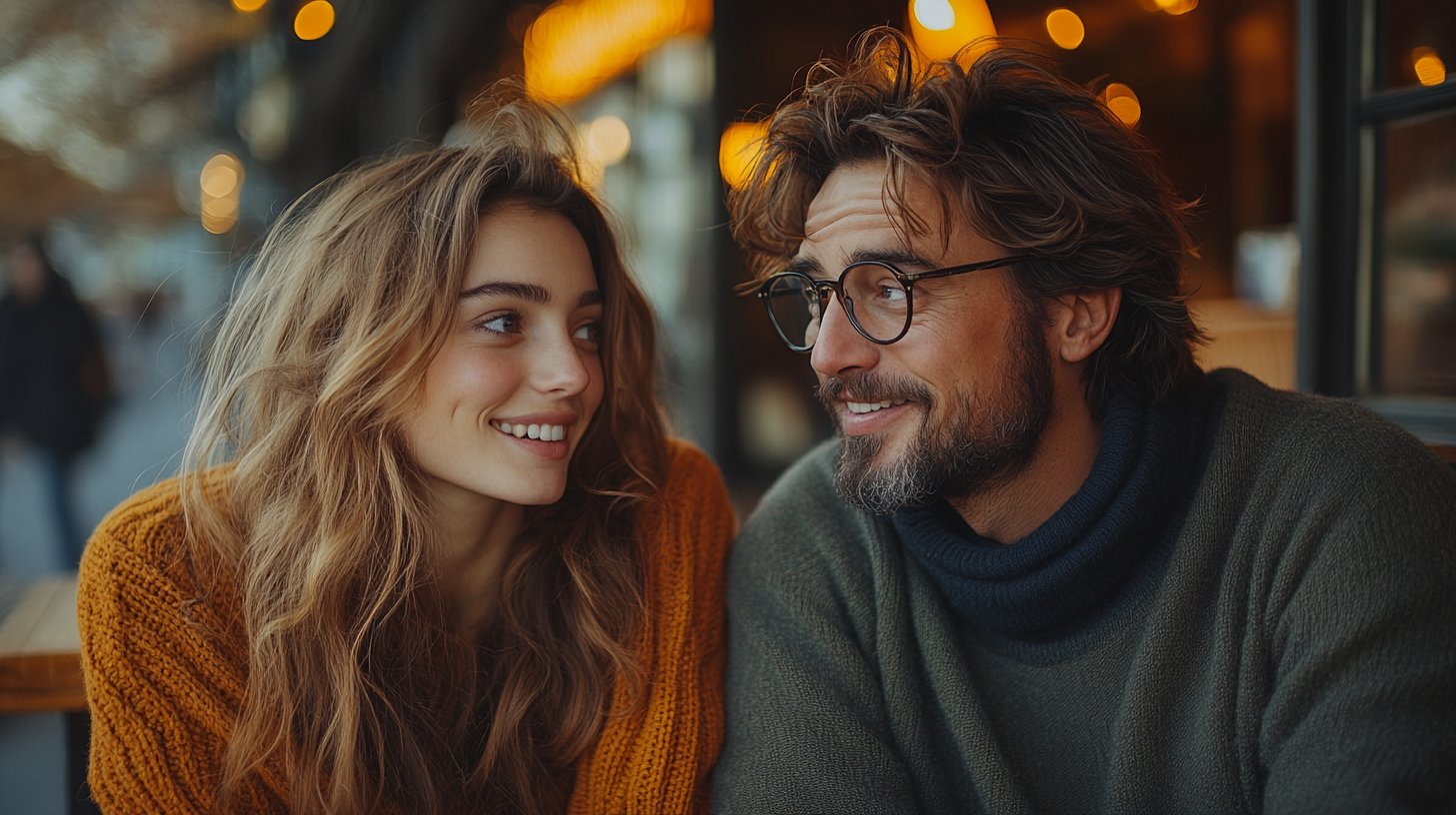 Zwei Menschen im Dialog in einem Café.