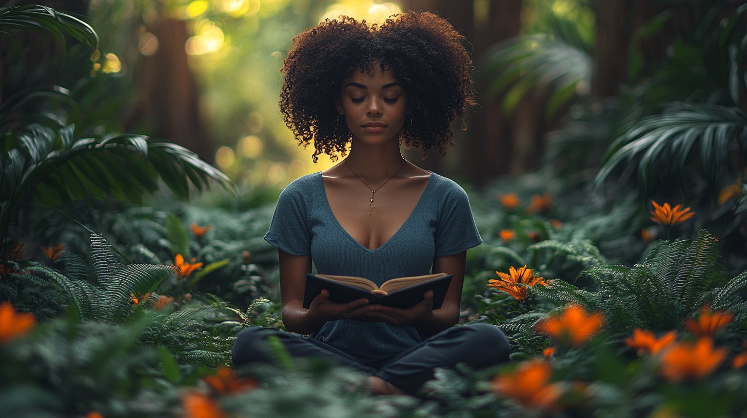 Eine Frau genießt Selbstfürsorge im Garten.