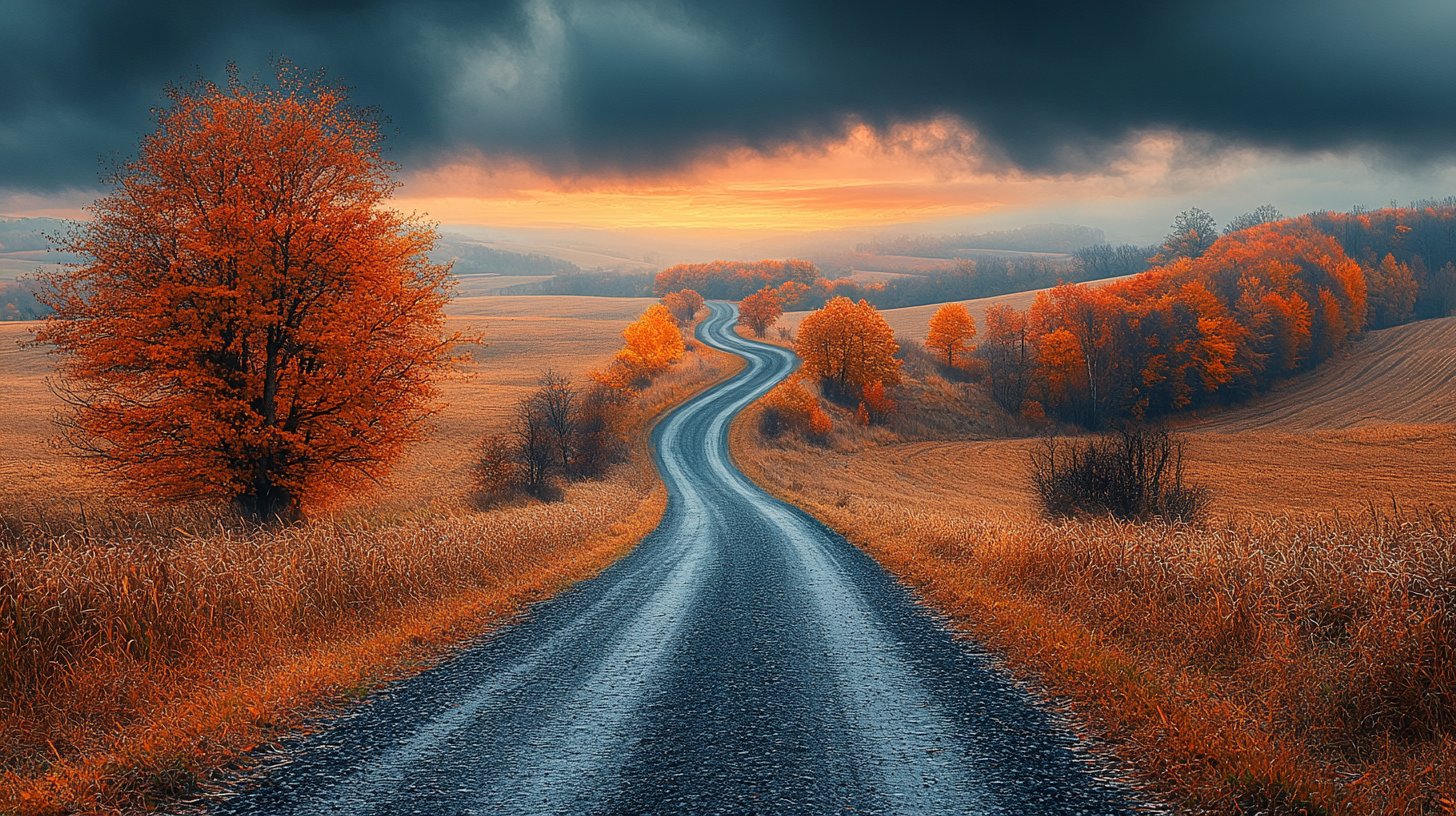 Eine kurvenreiche Straße führt in eine unbekannte, malerische Landschaft.