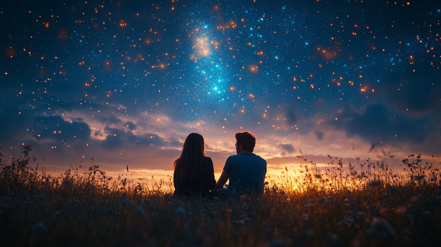 Zwei Freunde sprechen unter einem Sternenhimmel voller Vertrauen.