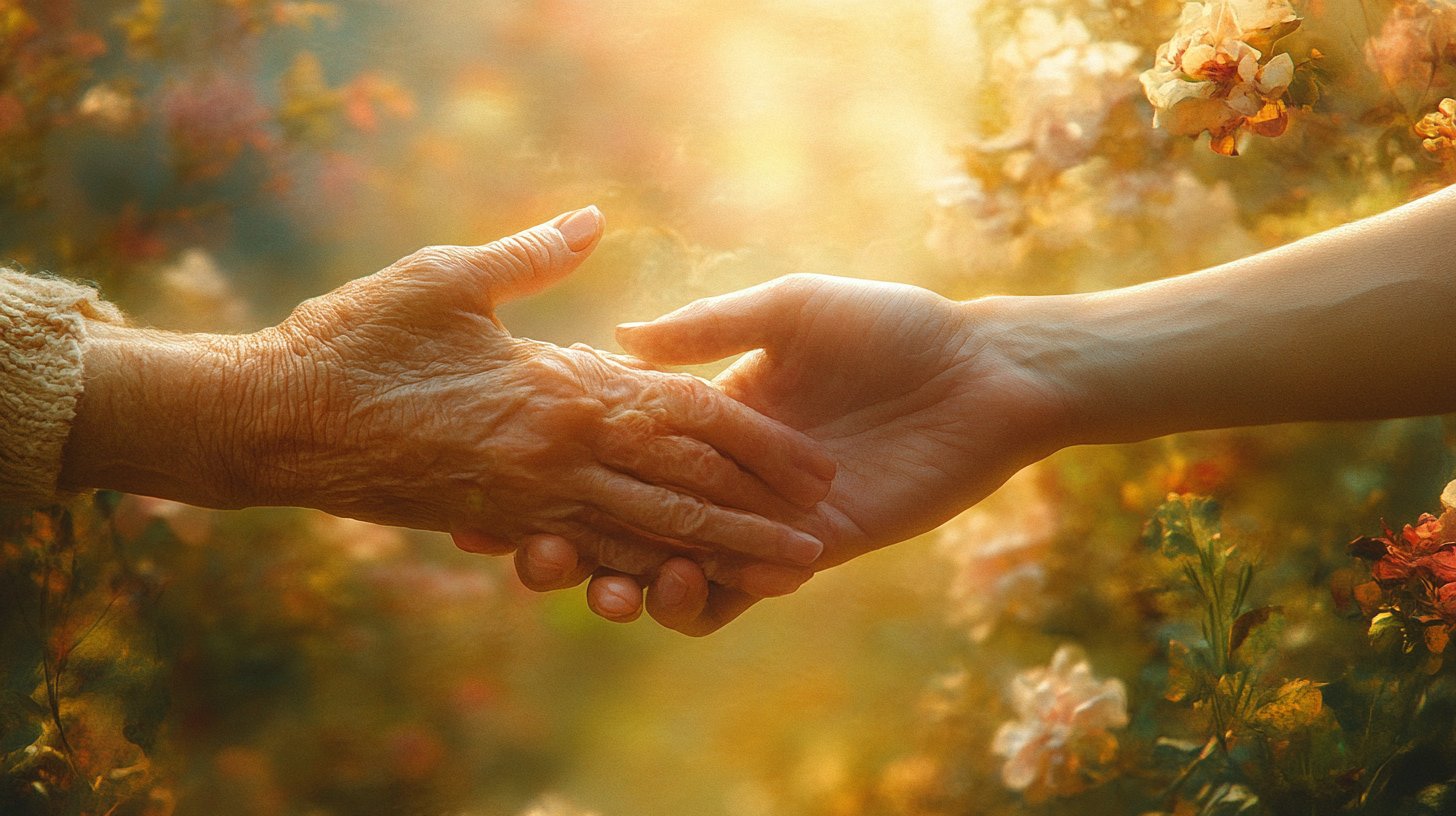 Interconnected hands of different ages and backgrounds in a tranquil setting.