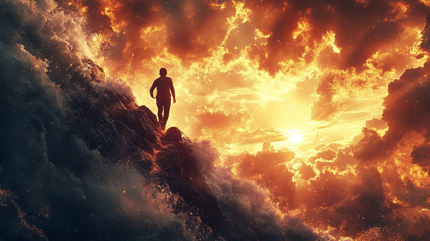 A person climbing a steep mountain, representing challenges faced.