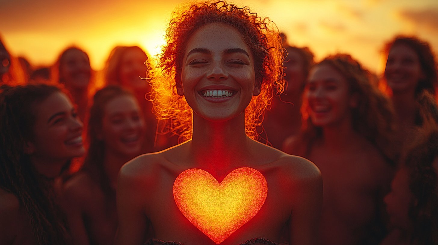A radiant heart-shaped glow surrounding a diverse group sharing joy.