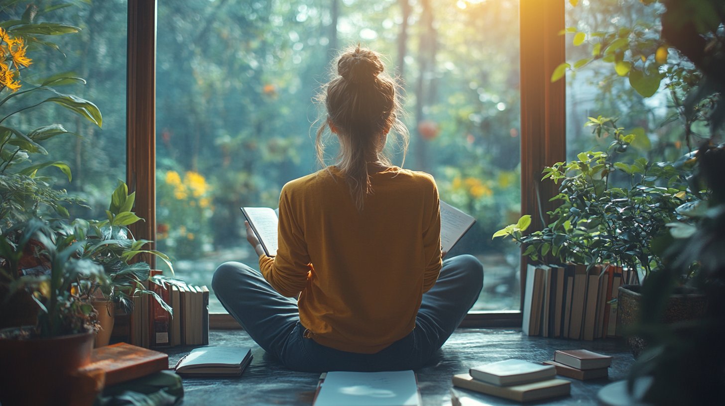 Une personne écrit dans un espace paisible baigné de soleil.