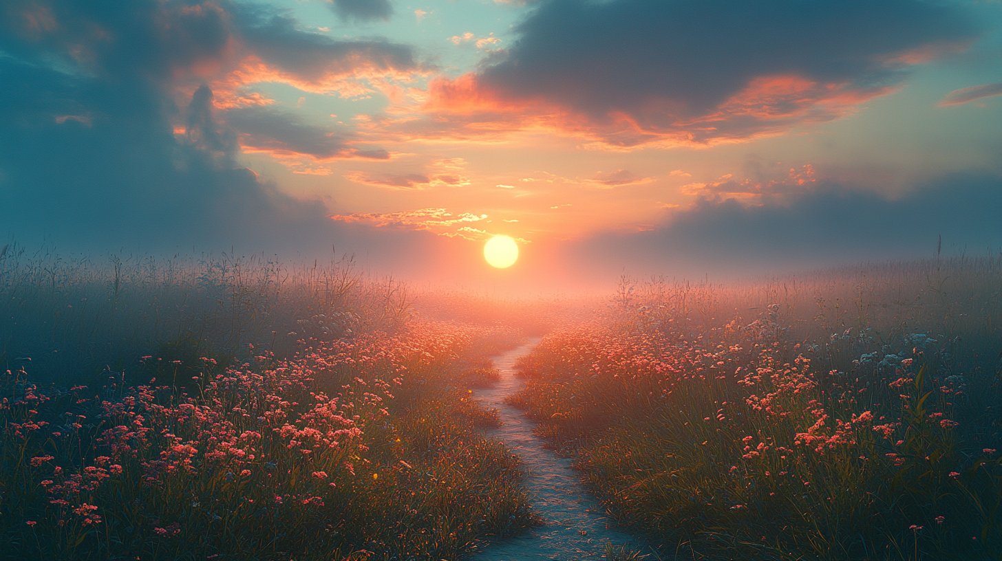 Eine friedliche Landschaft mit einem Weg zum aufgehenden Sonnen, der Hoffnung symbolisiert.