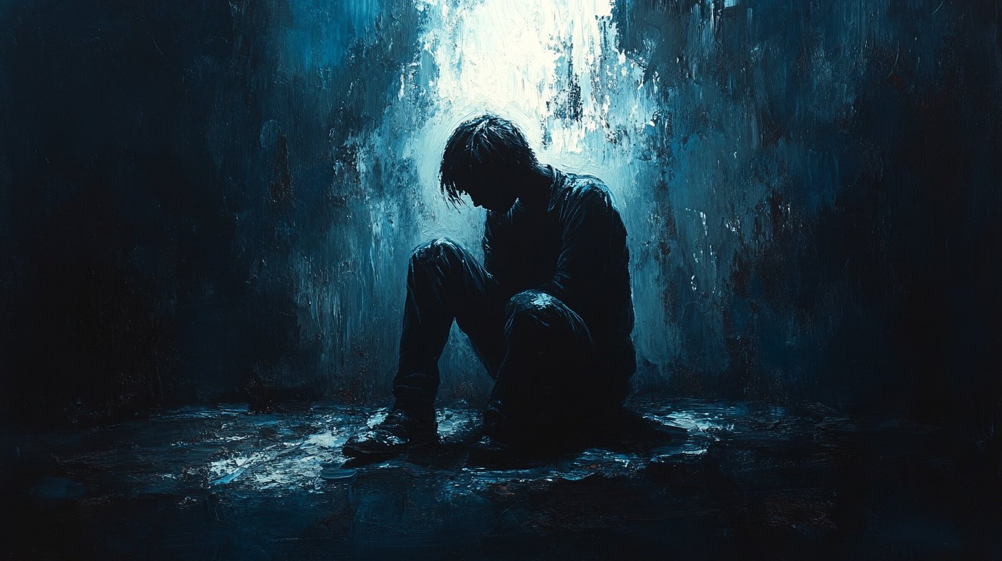 Eine einsame Figur in einer dunklen Ecke.