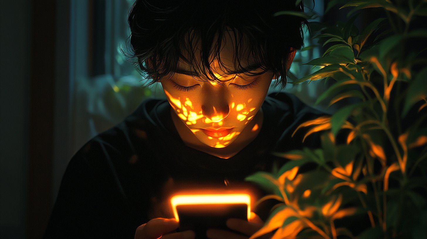 Eine Person schaut verstohlen auf ihr Telefon, verdeckt von Schatten.