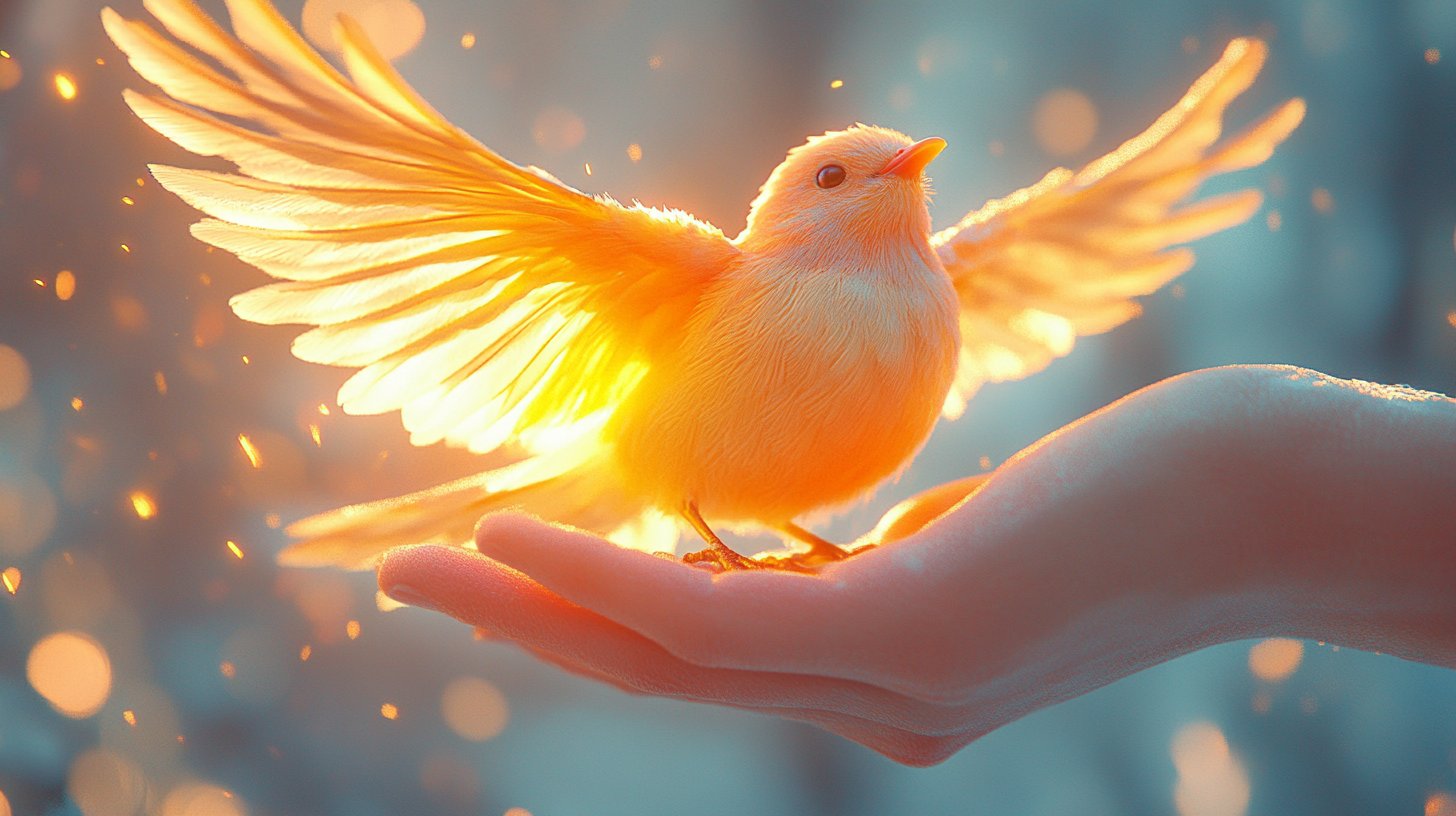 Primer plano de manos soltando un ave brillante al cielo.