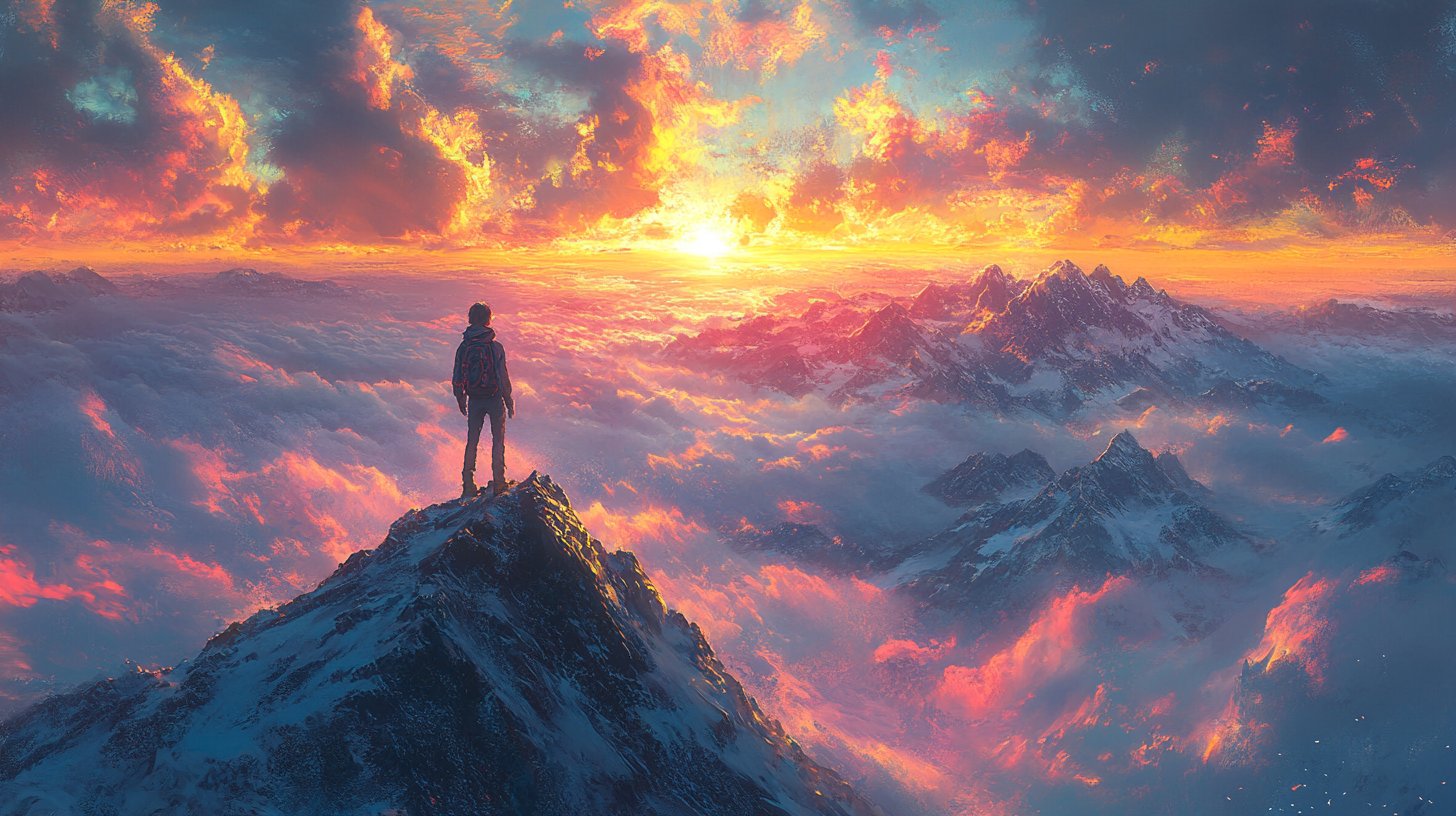 Une image stimulante d'une personne sur un sommet regardant l'horizon.