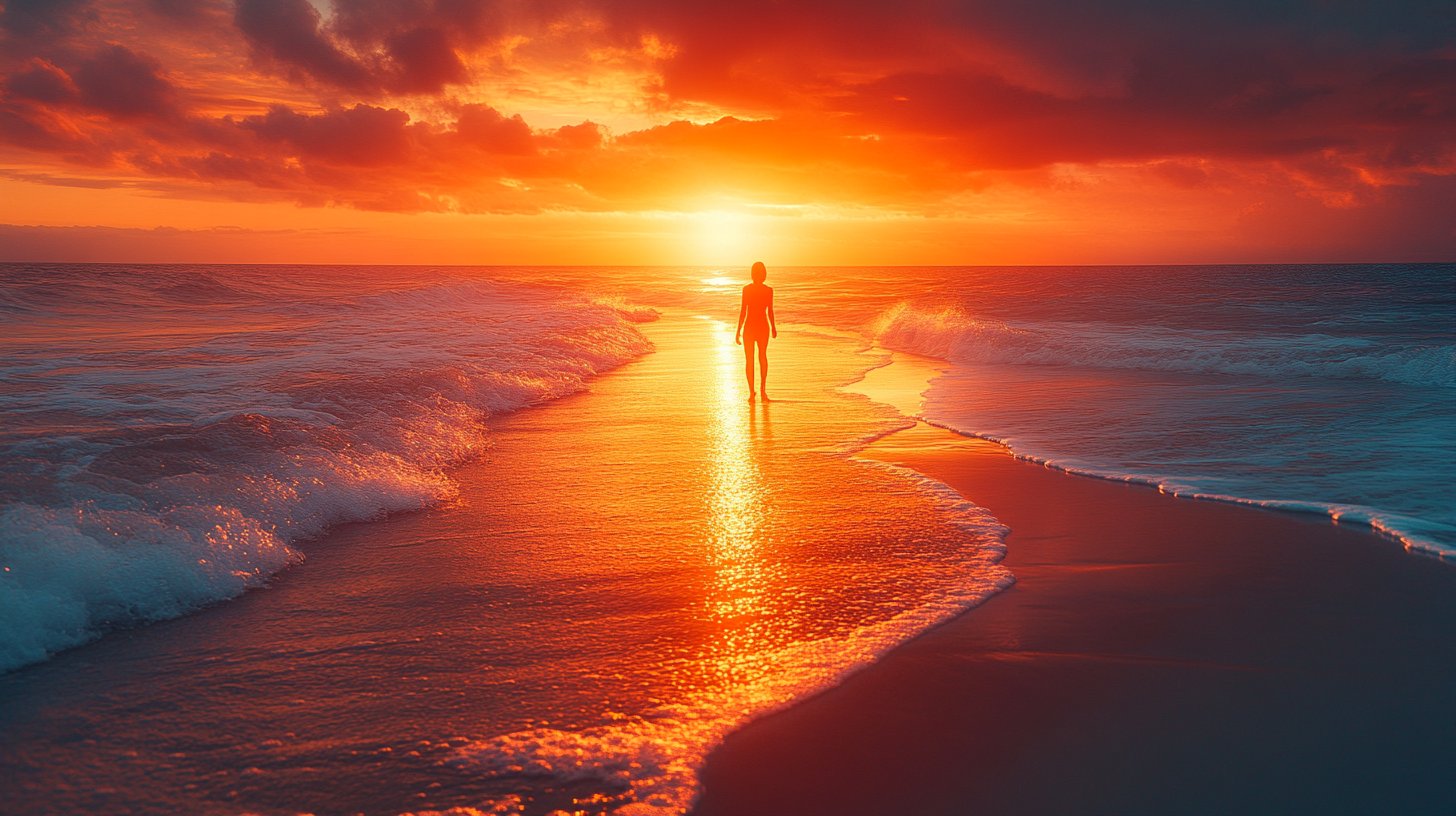 Une scène pleine d'espoir d'une personne marchant avec confiance sur la plage à l'aube.