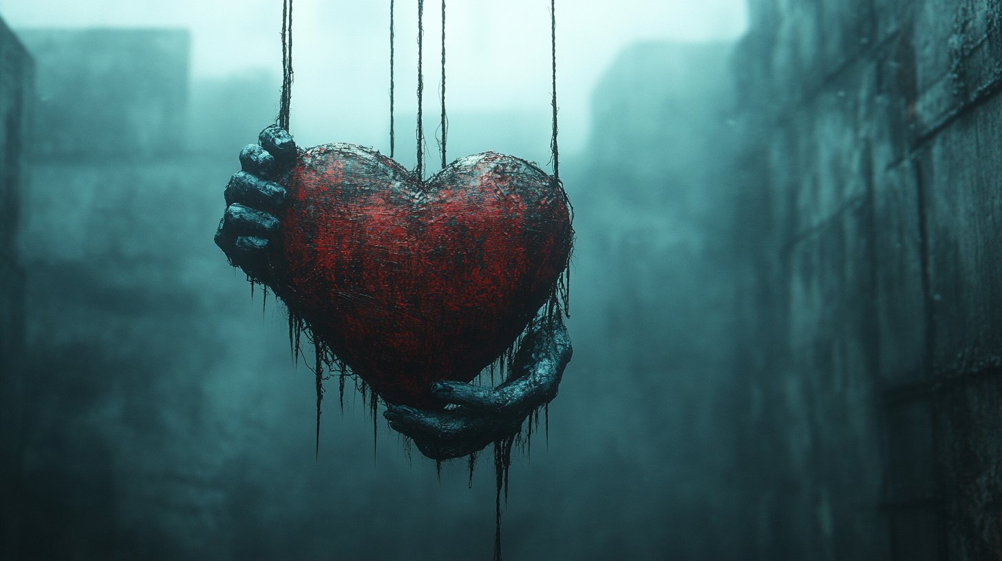 Eine schattenhafte Figur, die Fäden über ein Herz hält, symbolisiert Manipulation.