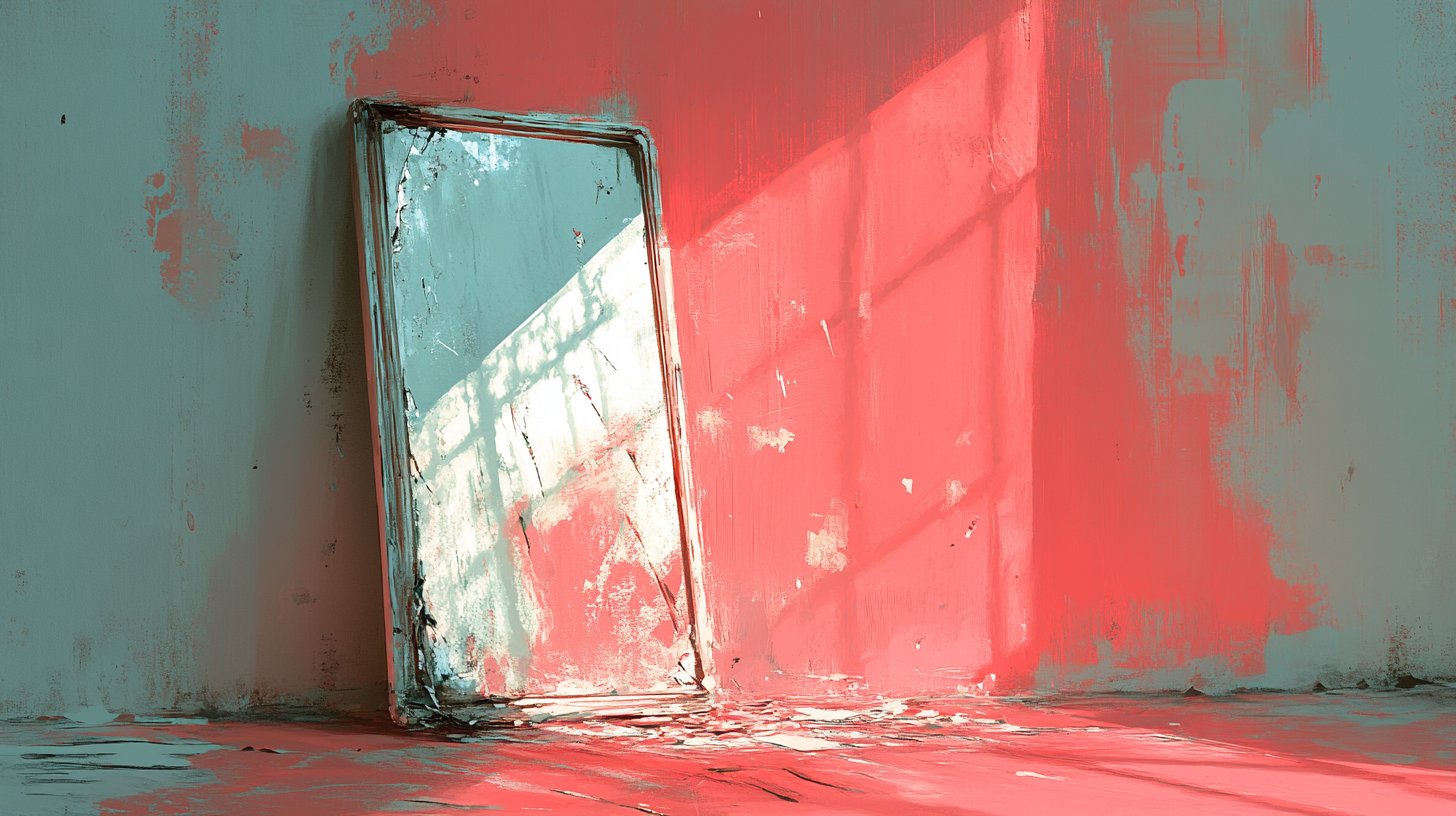 Ein zerbrochener Spiegel spiegelt fragmentierte Emotionen und vergangene Konflikte.