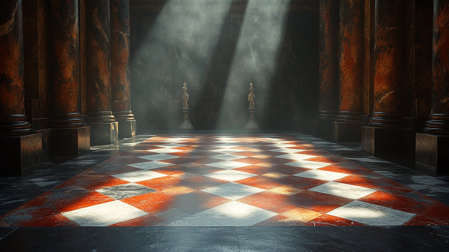 Ein surrealistisches Schachbrett, das Schicksal und Zufall darstellt.