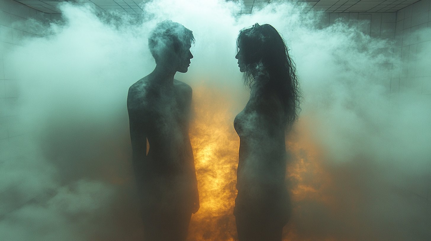 Zwei Figuren stehen in einem schwach beleuchteten Raum, umhüllt von Stille.