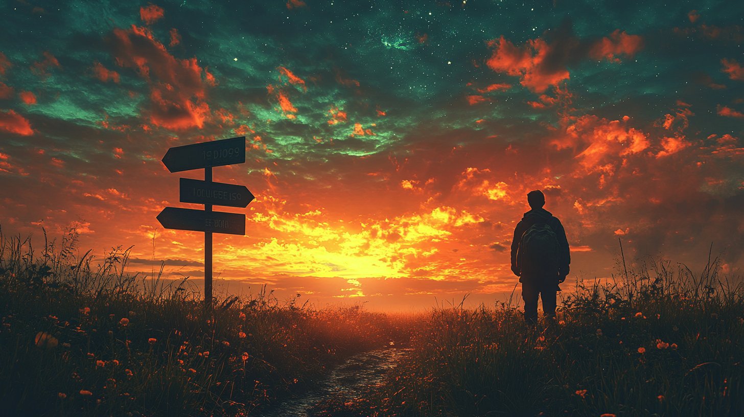 Ein dynamisches Kreuzungssymbol mit lebendigen Entscheidungsschildern.