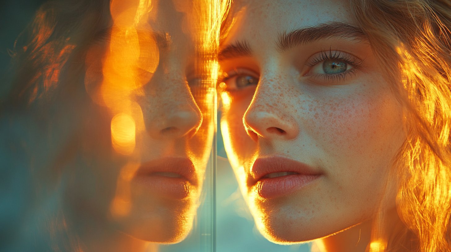 Selbstbewusst im Spiegel: Licht der inneren Stärke.