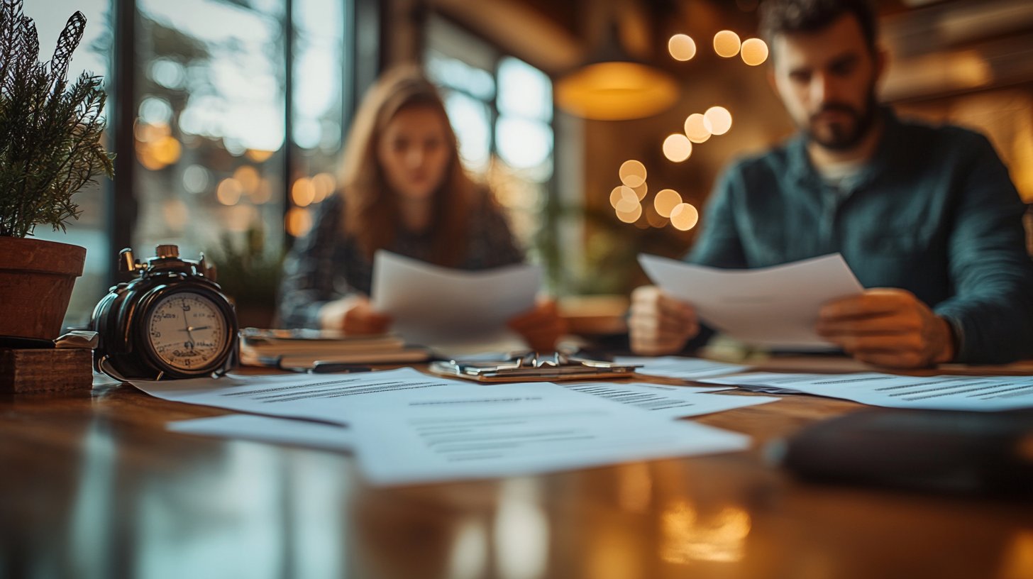Dos personas discuten tranquilamente en una mesa, con expresiones reflexivas.