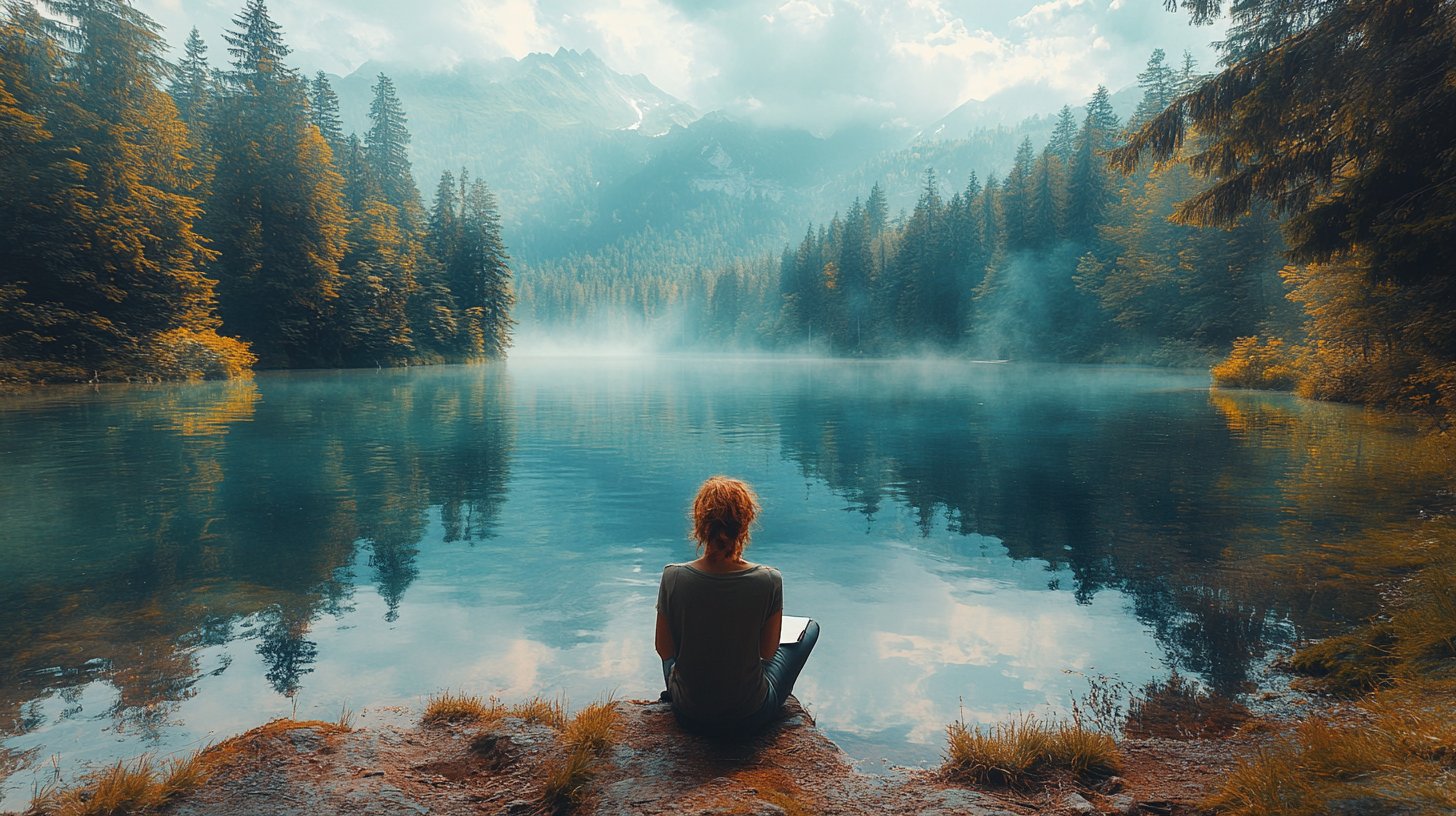 Una persona se sienta junto a un lago pacífico, escribiendo en su diario en profunda reflexión.