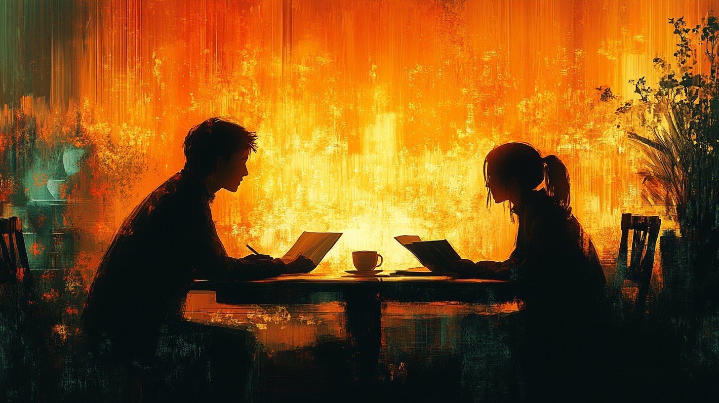 Zwei Figuren an einem Tisch mit Notizbüchern und Tassen Kaffee, die in einem tiefen Gespräch sind und von warmem Licht umgeben sind.