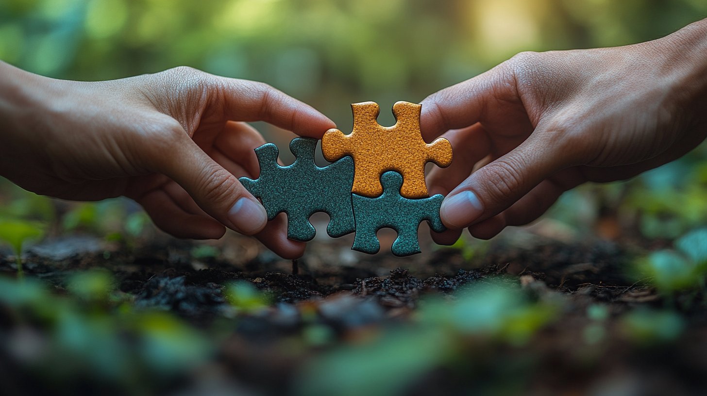 Verschiedene Hände, die zusammenkommen, um ein Puzzle zu lösen, vor einem friedlichen Naturhintergrund.