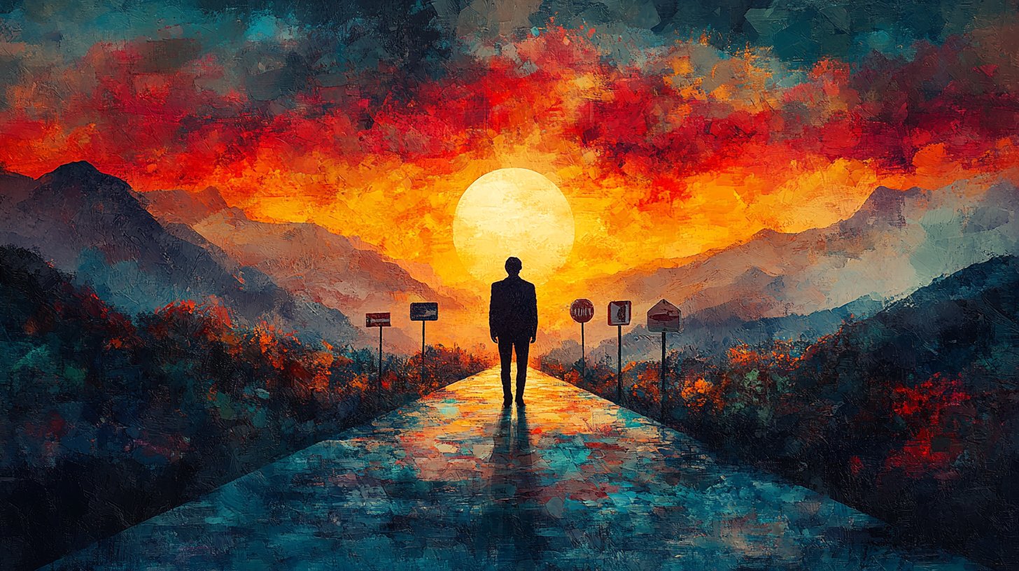 Visualizzazione astratta dello sviluppo personale a un bivio nella natura.