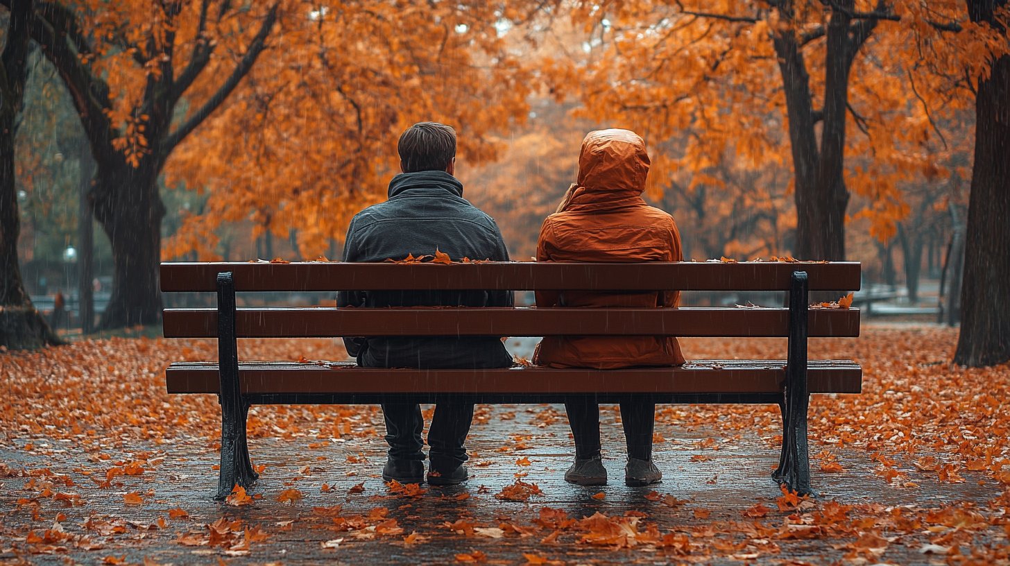 Distancia emocional y anhelo; pareja infeliz en un banco.