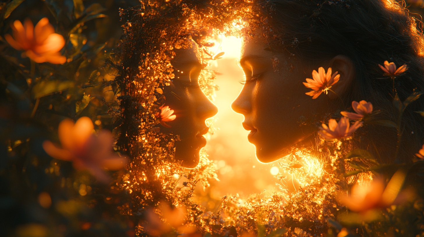 Eine Person schaut nachdenklich in einen Spiegel, umgeben von Natur.