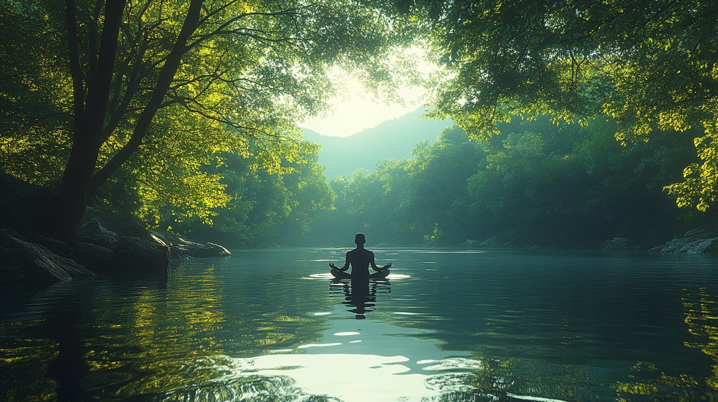 Ein meditativer Moment am ruhigen Fluss in einem grünen Wald.