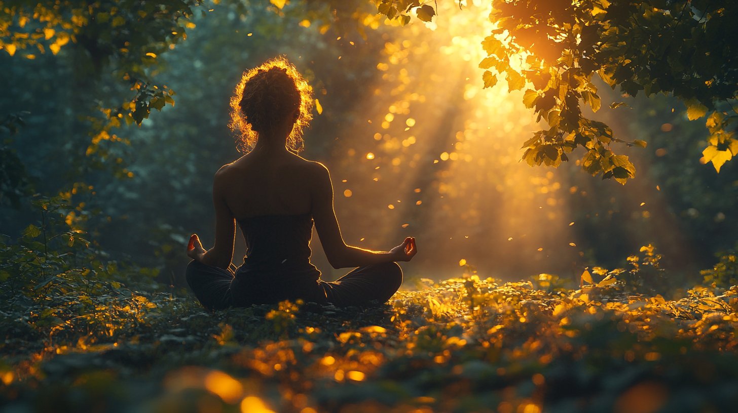 A person meditates in a peaceful, sunlit place.