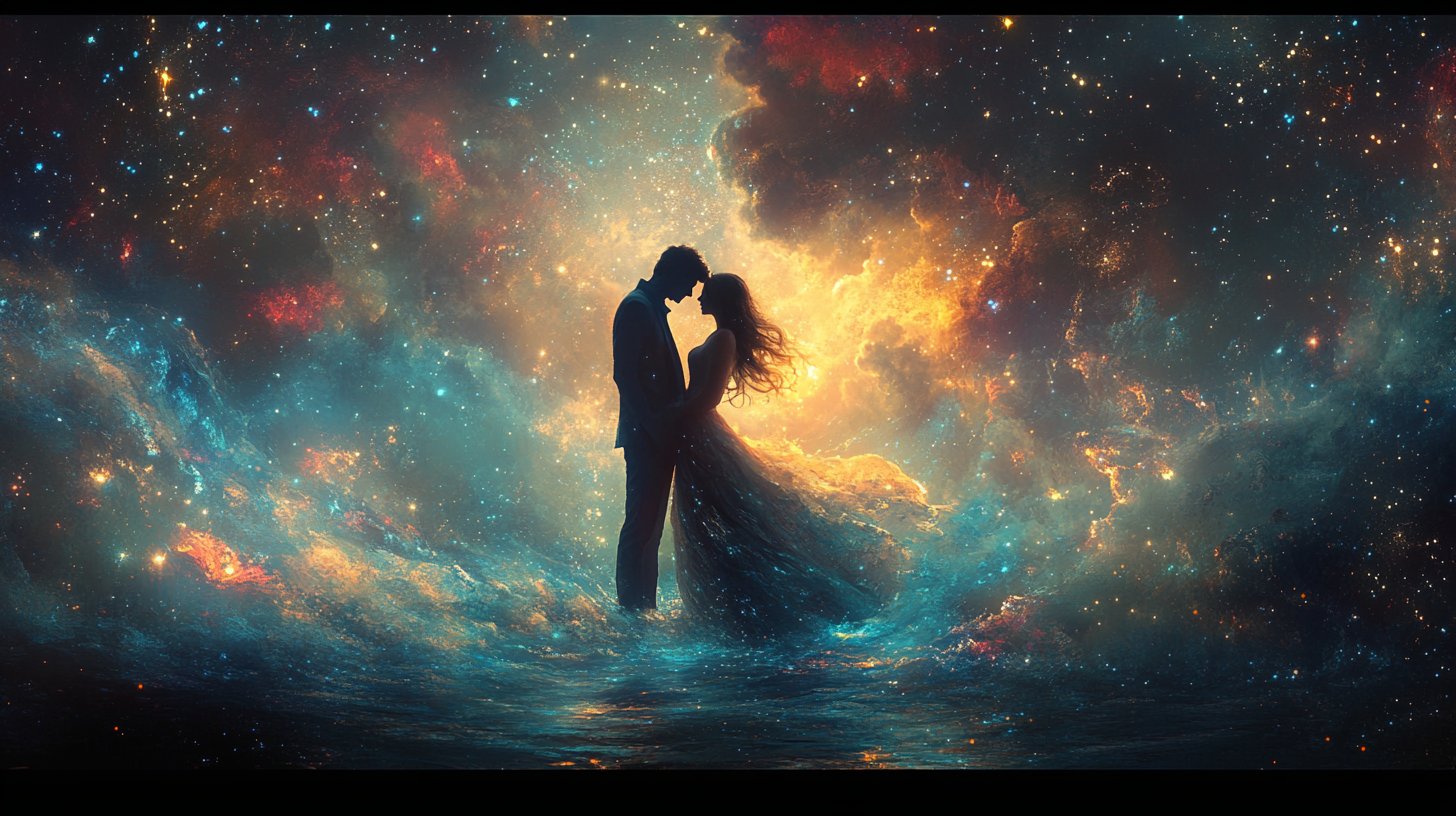 Una scena sognante dei Pesci con una coppia persa in un mondo di sogni.