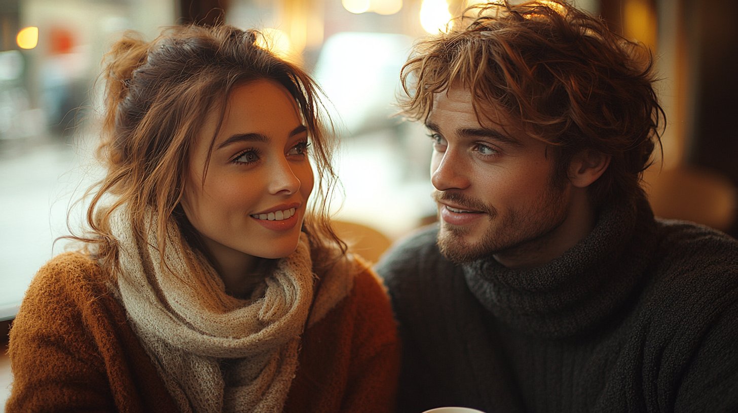 Due amici che condividono una conversazione sincera in un caffè accogliente.