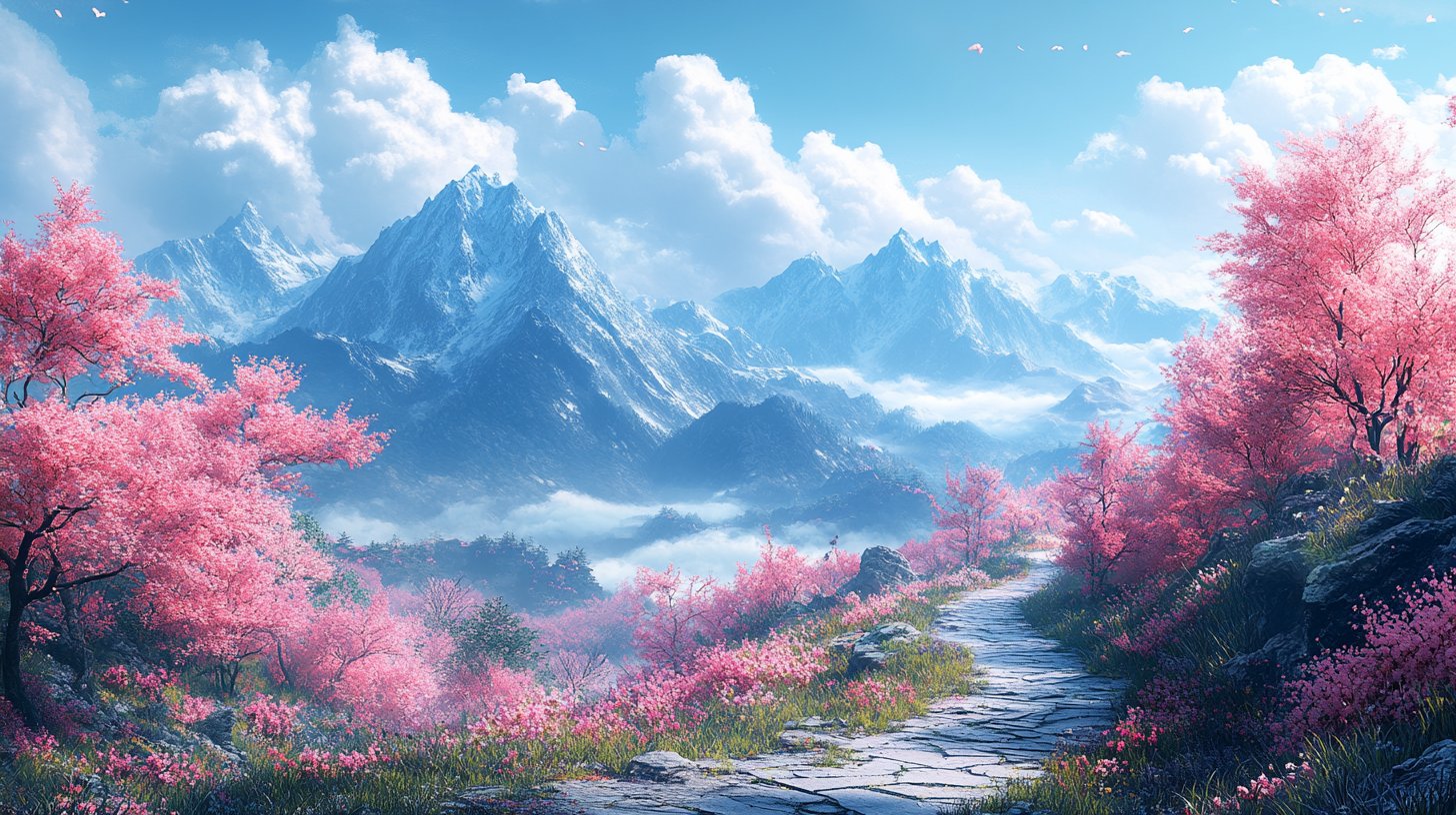 Un paesaggio montano sereno con un sentiero verso il compimento.