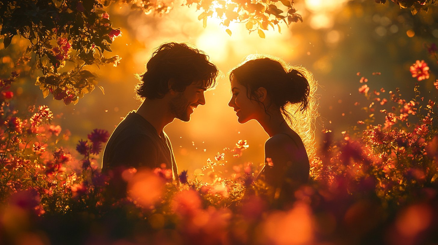 Zwei Hände erreichen sich unter blühenden Blumen.