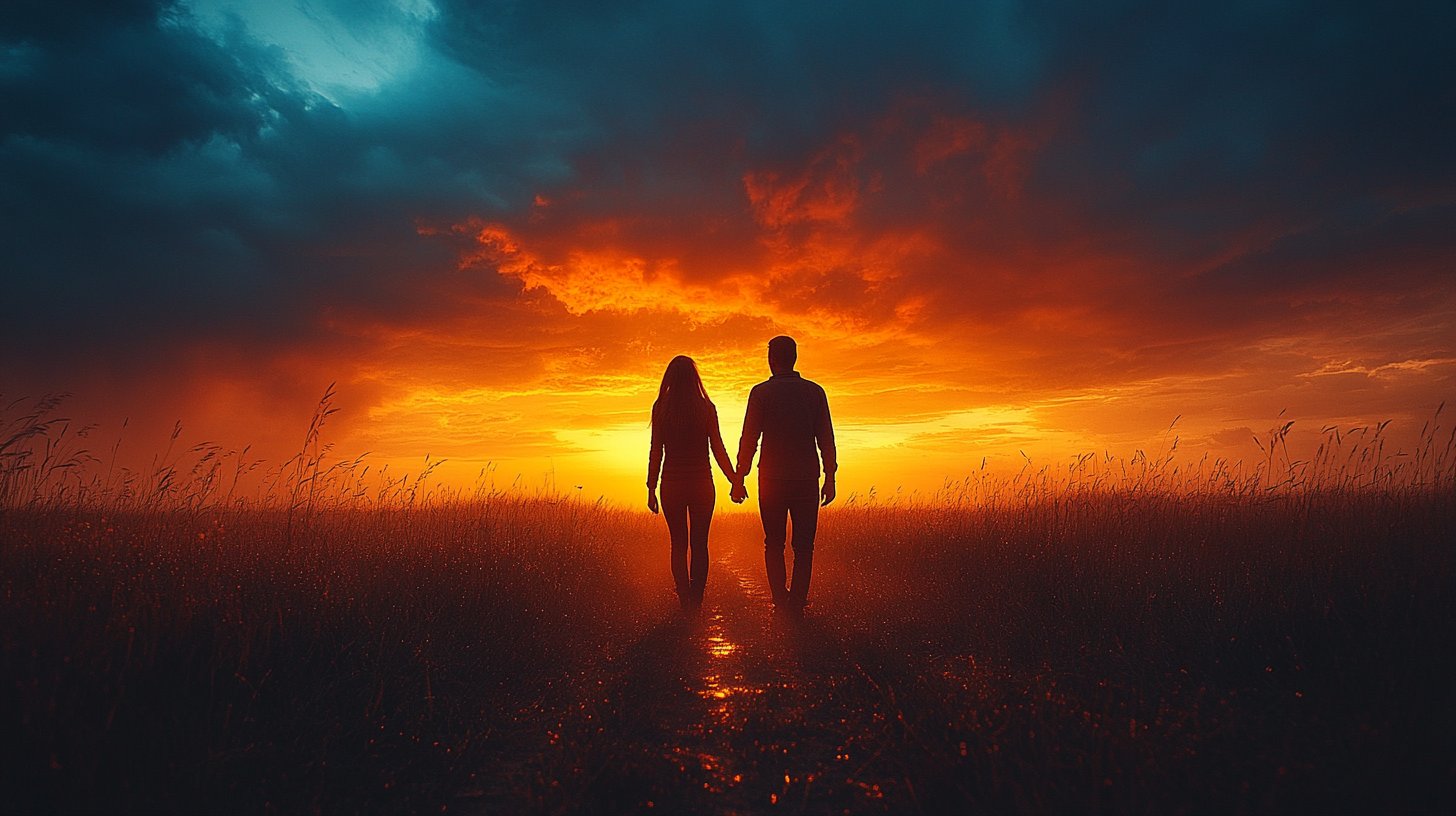 Ein Paar hält Händchen beim Angesicht eines Sturms.