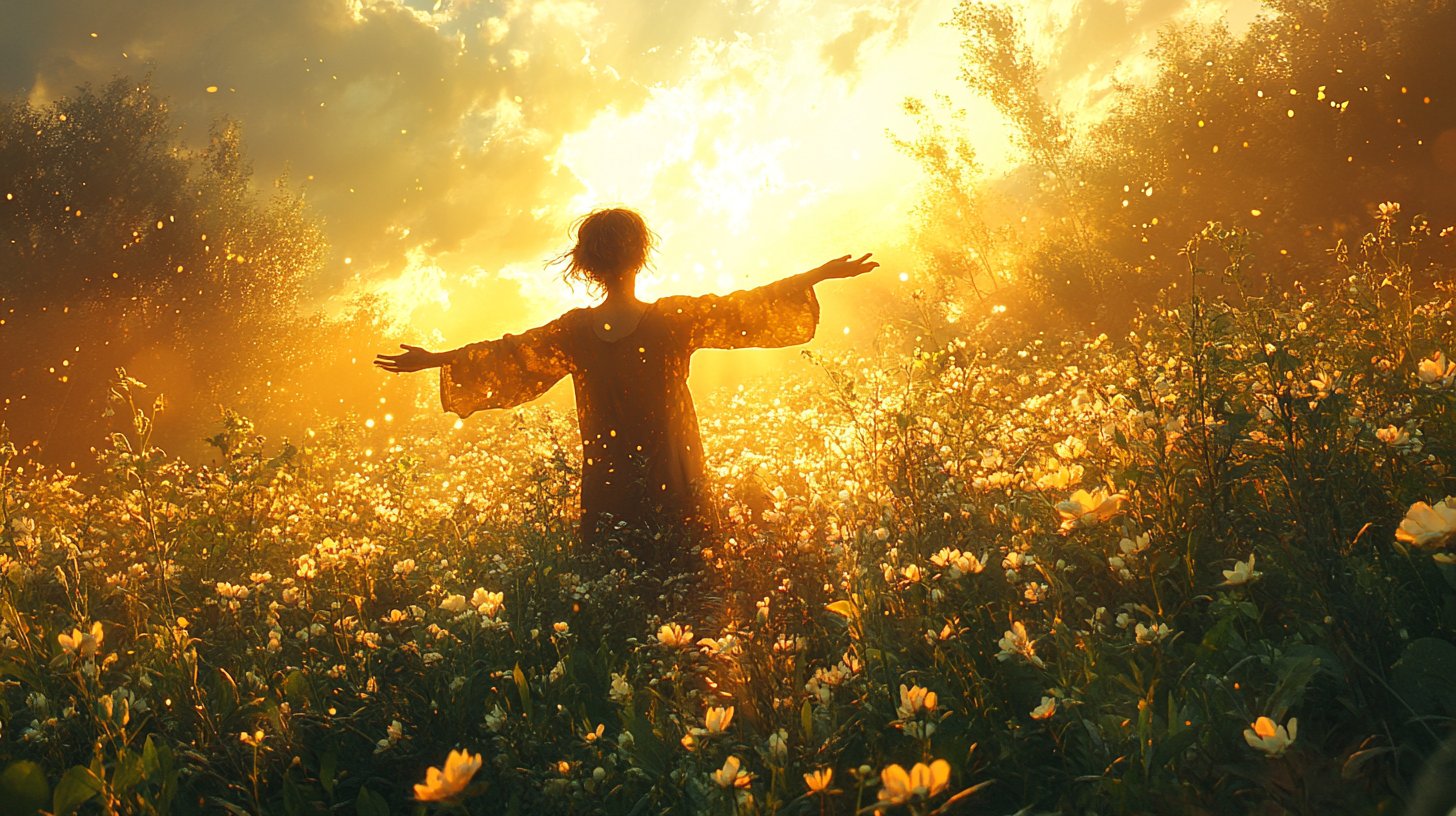 Eine Figur in einem Feld genießt die Freiheit des Moments mit ausgebreiteten Armen.