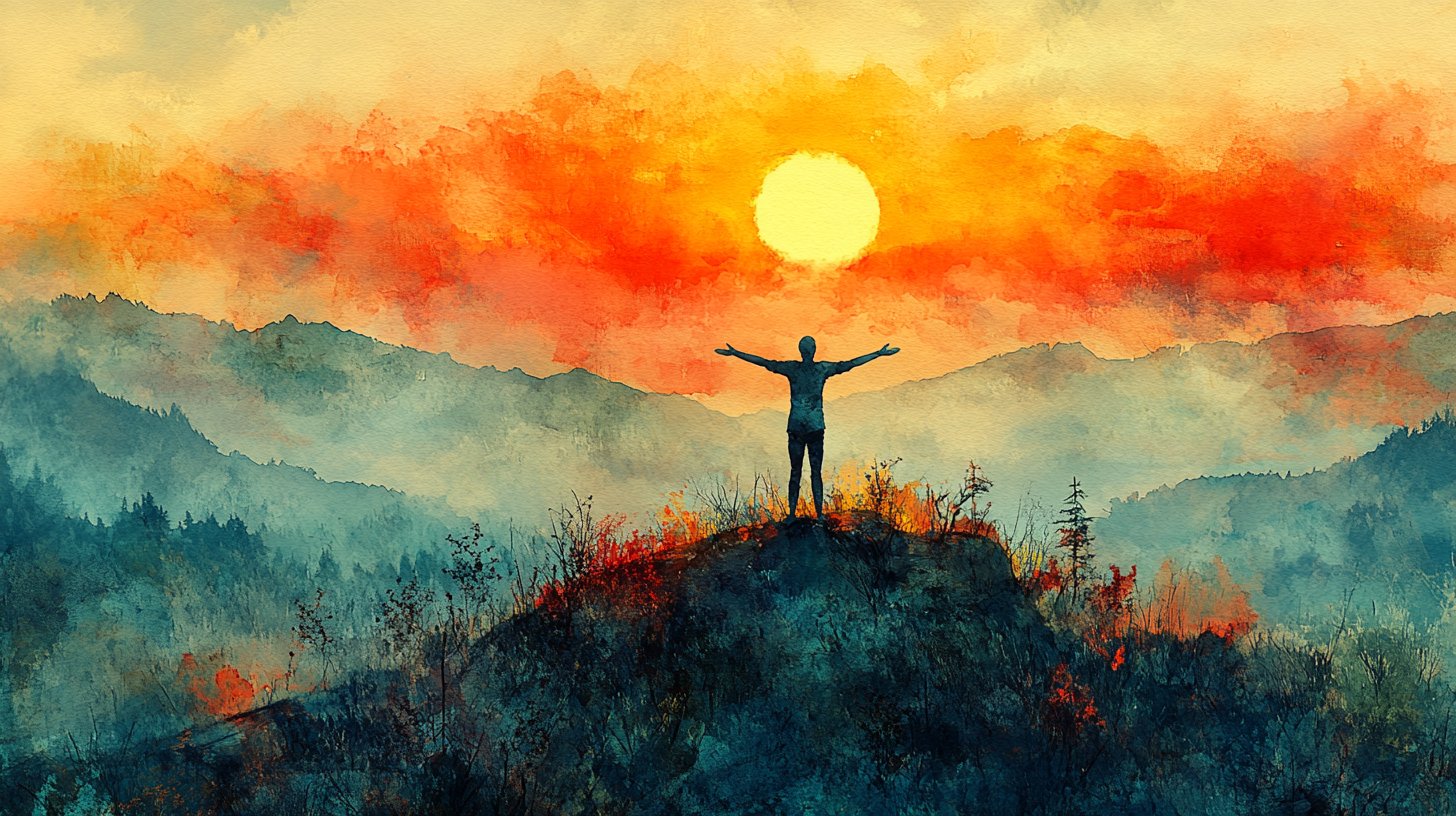 Jemand erklimmt einen Berggipfel im strahlenden Sonnenaufgang, voller Lebensfreude.