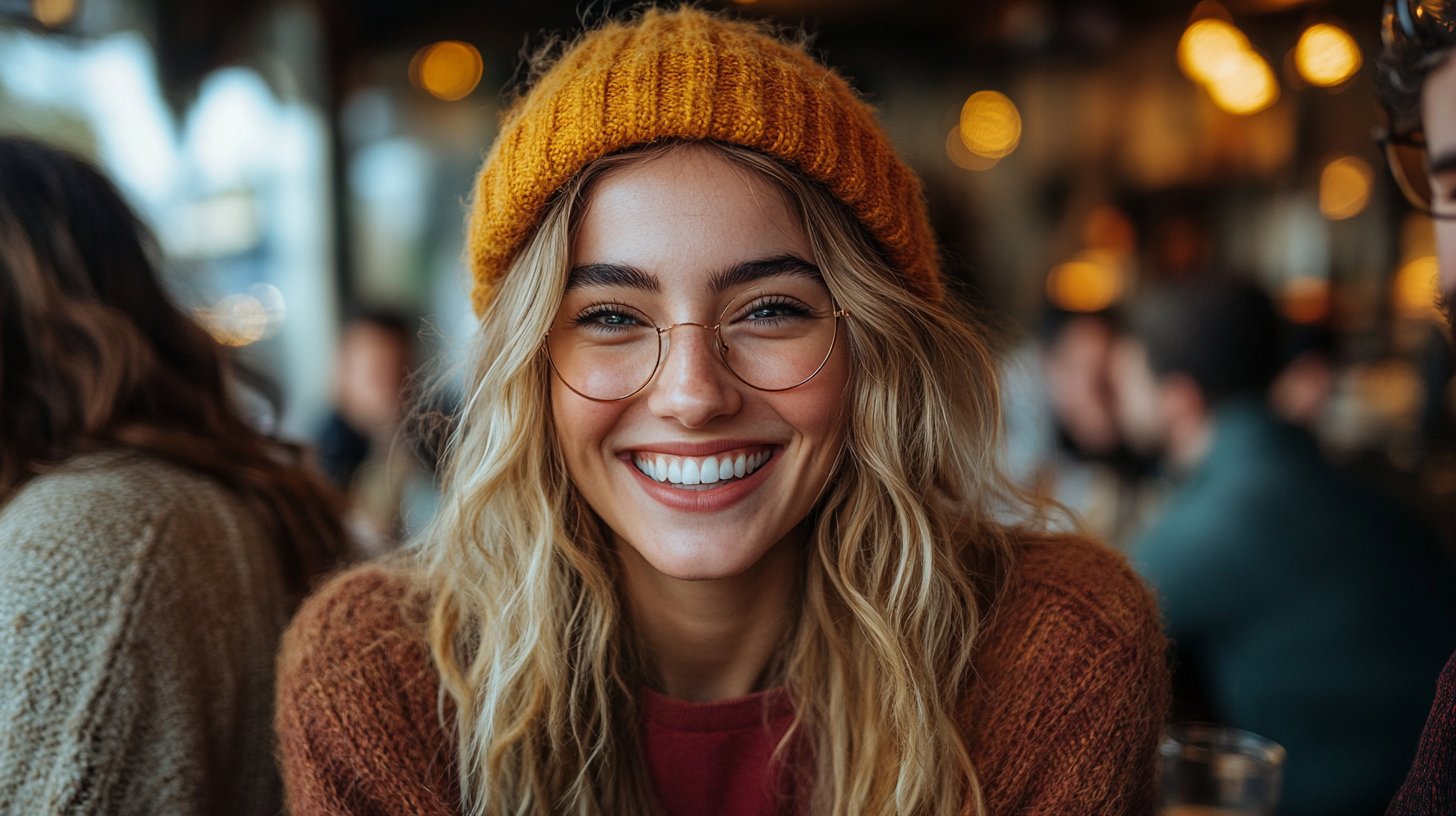 Eine vielfältige Gruppe von Freunden lacht glücklich in einem Café voller Wärme.