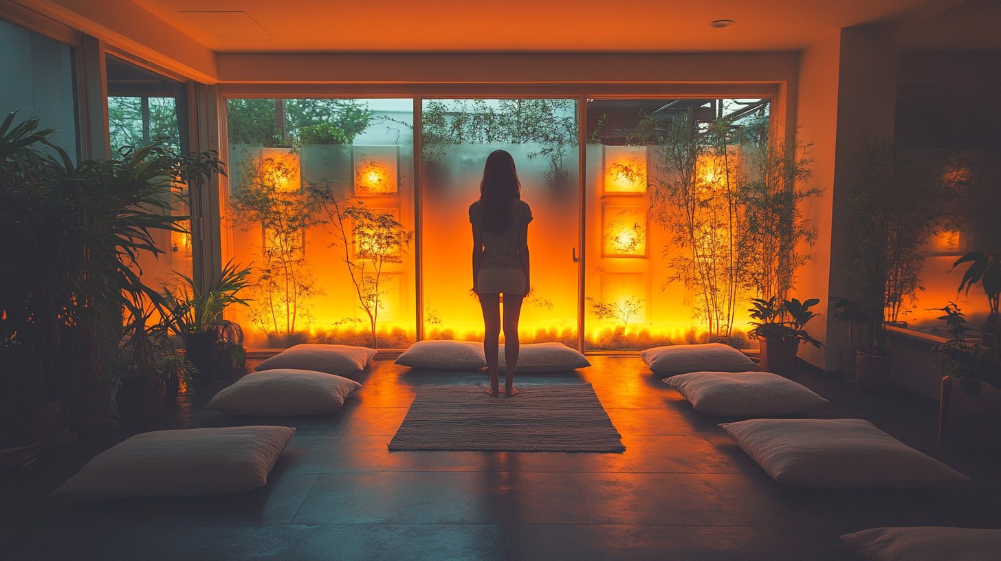 Eine Person am Rand eines einladenden Raums mit Kissen und warmen Lichtern, die persönliche Grenzen zeigt.