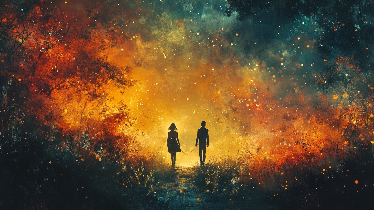 Eine visuelle Metapher von Nähe und Distanz mit zwei Figuren, die durch einen zarten Faden verbunden sind.