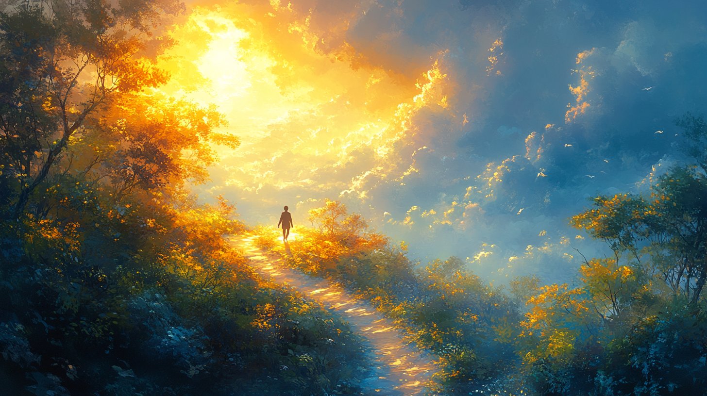 Eine Person macht den ersten mutigen Schritt auf einem gewundenen Pfad durch einen friedlichen Wald.