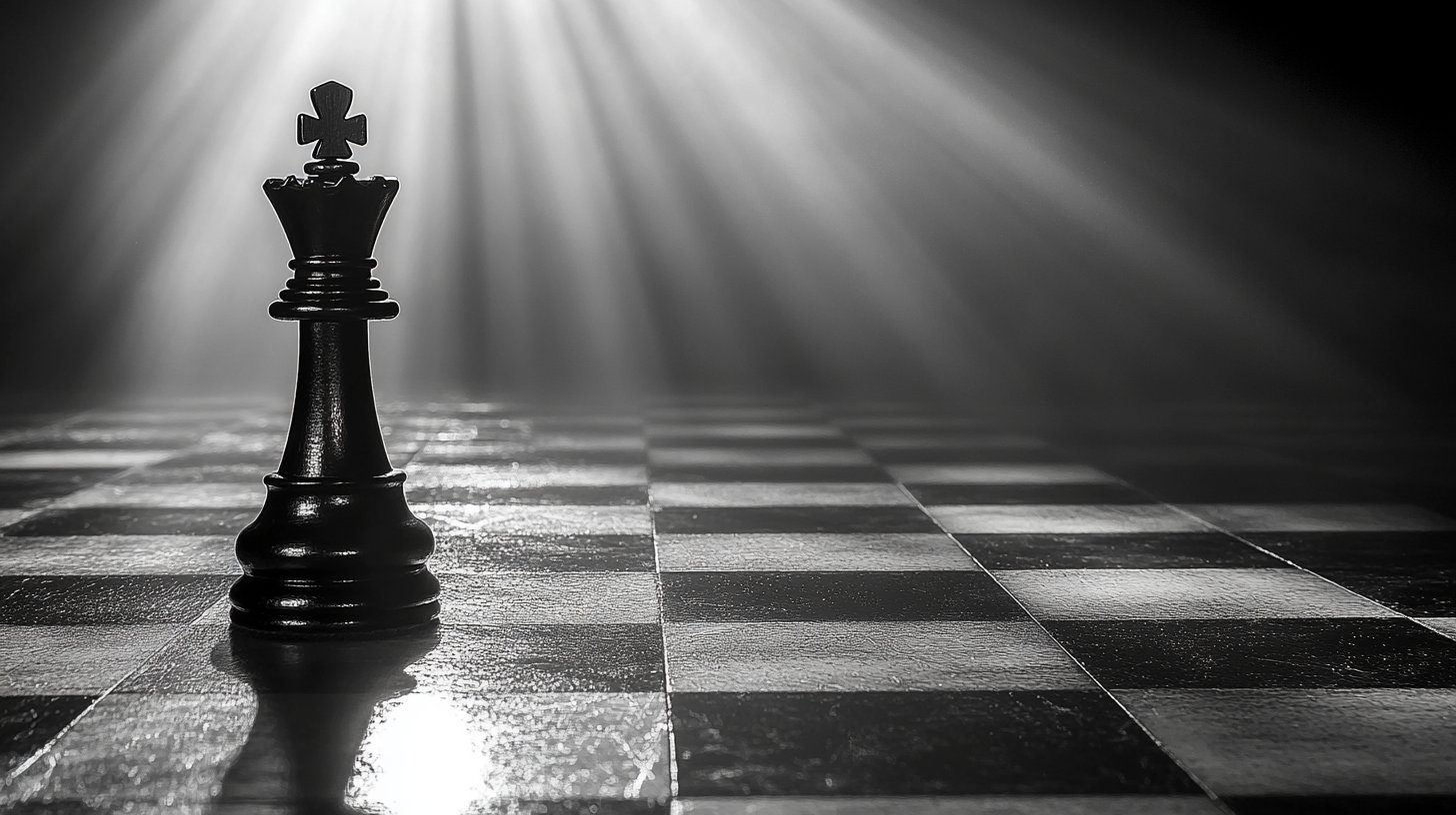 Un tablero de ajedrez con piezas que proyectan sombras de manipulación.