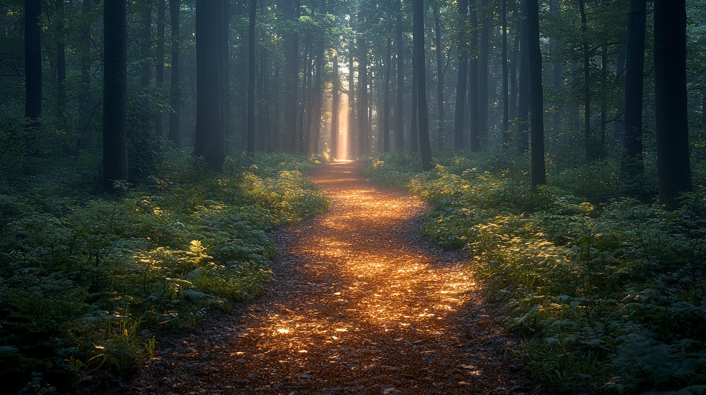 Ein gewundener Pfad durch einen ruhigen Wald, mit sanftem Licht, das durch die Bäume filtert, symbolisiert Geduld.