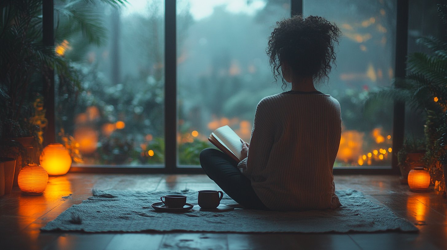 Ein ruhiger Raum, in dem jemand mit einem Journal und einer Tasse Tee nachdenkt.