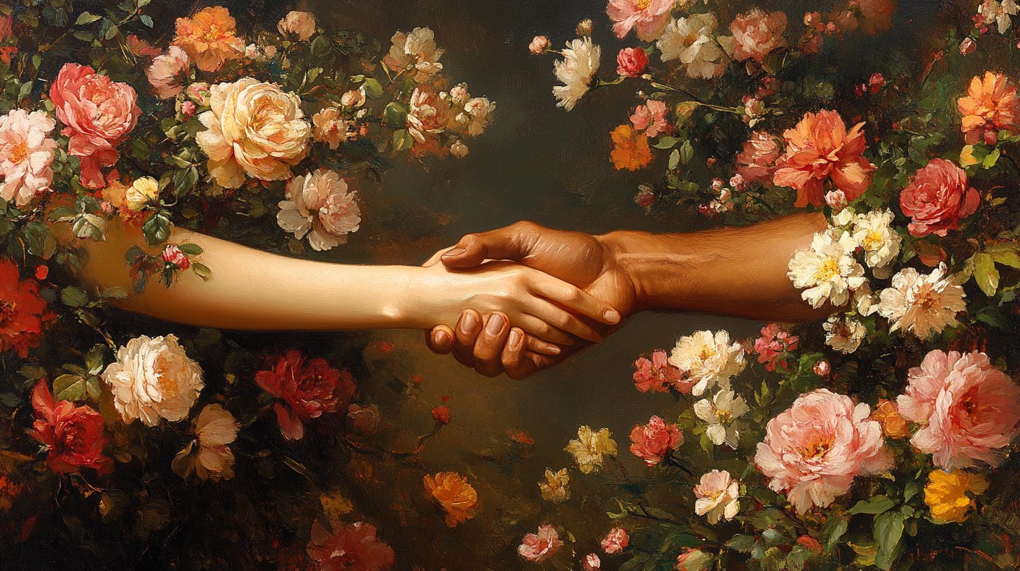 Eine symbolische Darstellung von Hingabe mit verschlungenen Händen und Blumen.
